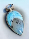 Blue Dendritic Opal & Rainbow Moonstone Solid 925 Sterling Silver Pendant
