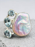 Pearl & Blue Topaz Solid 925 Sterling Silver Statement Ring Size 8.5