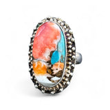 Kingman Turquoise & Spiny Oyster Solid 925 Sterling Silver Ring 6