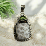 Natrolite & Peridot Solid 925 Sterling Silver Pendant