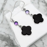 CLOVER Black Onyx & Amethyst Solid 925 Sterling Silver Earrings