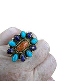 Kingman Turquoise and Sponge Coral Solid Brass Ring ADJ