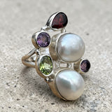 Freshwater Pearl Multi Gemstone Solid 925 Sterling Silver Ring 7.5