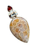 Flower Coral & Garnet Solid 925 Sterling Silver Pendant