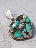 Heart Kingman Turquoise with Pyrite Solid 925 Sterling Silver Pendant