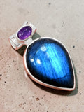 Blue Labradorite & Amethyst Solid 925 Sterling Silver Pendant