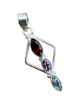 Garnet, Amethyst & Blue Topaz Solid 925 Sterling Silver Pendant