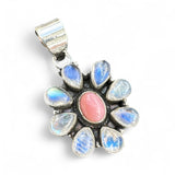 FLOWER Rainbow Moonstone & Pink Opal Solid 925 Sterling Silver Pendant