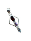 Garnet, Amethyst & Blue Topaz Solid 925 Sterling Silver Pendant