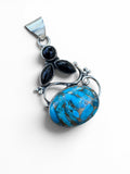 Kingman Blue Copper Turquoise & Black Onyx Solid 925 Sterling Silver Pendant