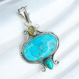 Kingman Turquoise & Citrine Solid 925 Sterling Silver Pendant