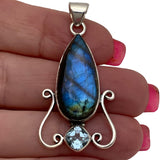 Labradorite & Blue Topaz Solid 925 Sterling Silver Pendant