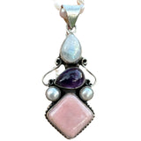 Pink Opal, Pearl Solid 925 Sterling Silver Pendant Necklace