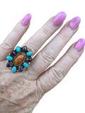 Kingman Turquoise and Sponge Coral Solid Brass Ring ADJ