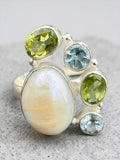 Pearl, Blue Topaz & Peridot Solid 925 Sterling Silver Ring 6