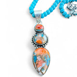 Kingman Turquoise & Spiny Oyster Solid 925 Sterling Silver Pendant Necklace