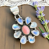 FLOWER Rainbow Moonstone & Pink Opal Solid 925 Sterling Silver Pendant