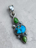 Kingman Blue and Green Turquoise Solid 925 Sterling Silver Pendant