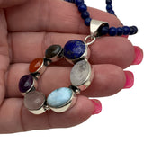 Multi Gemstone Solid 925 Sterling Silver Pendant Lapis Beaded Necklace