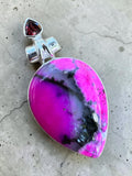 Pink Dendritic Opal & Garnet Solid 925 Sterling Silver Pendant