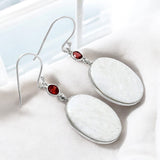 White  Scolecite & Garnet Solid 925 Sterling Silver Earrings