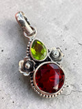 Garnet & Peridot Solid 925 Sterling Silver Pendant