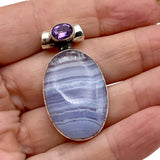 Blue Lace Agate & Amethyst Solid 925 Sterling Silver Pendant