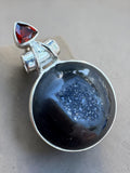 Black Agate Druzy & Garnet Solid 925 Sterling Silver Pendant