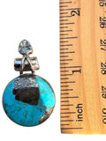 Kingman Turquoise with Pyrite & Blue Topaz Solid 925 Sterling Silver Pendant