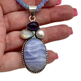 Blue Lace Agate Solid 925 Sterling Silver Pendant Necklace