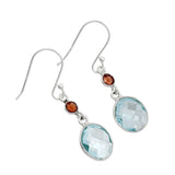 Blue Topaz & Garnet Solid 925 Sterling Silver Earrings