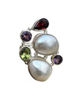 Freshwater Pearl Multi Gemstone Solid 925 Sterling Silver Ring 7.5