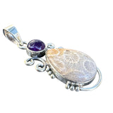 Amethyst & Fossil Coral Solid 925 Sterling Silver Pendant