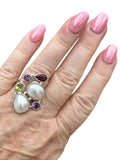 Freshwater Pearl Multi Gemstone Solid 925 Sterling Silver Ring 7.5