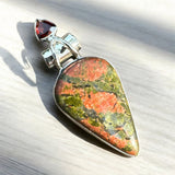 Unakite & Garnet Solid 925 Sterling Silver Pendant