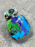 Blue, Green & Purple Turquoise & Peridot Solid 925 Sterling Silver Pendant