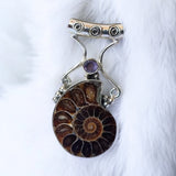 Ammonite & Amethyst Solid 925 Sterling Silver Pendant