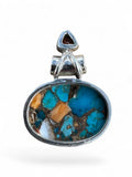 Kingman Turquoise & Spiny Oyster & Garnet Solid 925 Sterling Silver Pendant