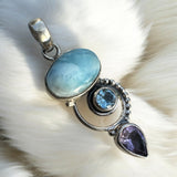 Larimar, Blue Topaz & Amethyst Solid 925 Sterling Silver Pendant