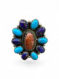 Kingman Turquoise and Sponge Coral Solid Brass Ring ADJ