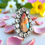 Kingman Turquoise Spiny Oyster & Aquamarine Solid 925 Sterling Silver Ring 7