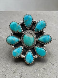 Flower Kingman Turquoise Solid 925 Sterling Silver Ring ADJ