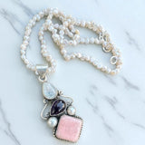 Pink Opal, Pearl Solid 925 Sterling Silver Pendant Necklace