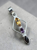 Citrine, Amethyst & Smoky Quartz Solid 925 Sterling Silver Pendant