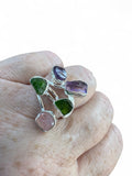Dioptase, Amethyst & Morganite Solid 925 Sterling Silver Ring 6