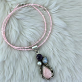 Pink Opal, Amethyst, Moonstone & Pearl Solid 925 Sterling Silver Pendant Necklace