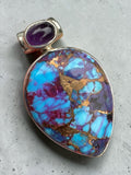Kingman Purple & Blue Turquoise & Amethyst Solid 925 Sterling Silver Pendant