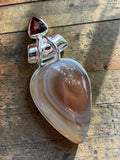 Botswana Agate & Garnet Solid 925 Sterling Silver Pendant