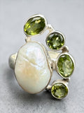 Pearl & Peridot Solid 925 Sterling Silver Statement Ring Size 8