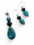 Kingman Blue Copper Turquoise & Onyx Solid 925 Sterling Silver Pendant Earrings set